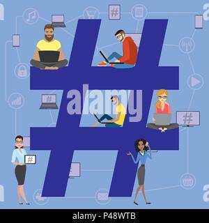 Hashtag illustrazione dei giovani utilizzando laptop e smartphone per l'invio di messaggi e la loro condivisione nei social media. Grande simbolo hashtag design con gu Illustrazione Vettoriale