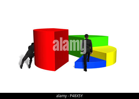 Gli uomini di spinta e climbing grafico a torta 3d isolato in uno sfondo bianco Foto Stock