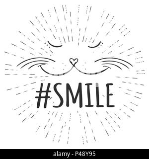 Simpatico gatto sorridente viso e hashtag sorriso, disegnati a mano per T-shirt, poster, striscioni, badge, emblema, vignetta, motivazione. Illustrazione Vettoriale Illustrazione Vettoriale