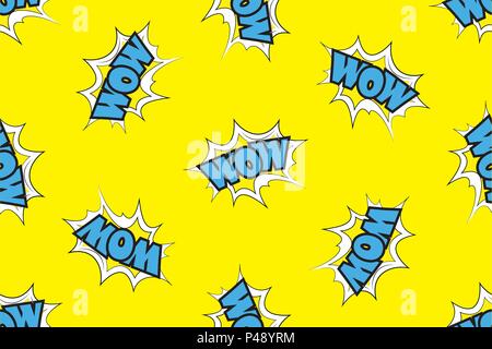 Wow fumetto gli effetti sonori in pop art style seamless pattern. Burst migliore effetto grafico con etichetta e testo in stile retrò.Stock illustrazione vettoriale Illustrazione Vettoriale