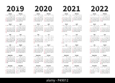 Il calendario 2019, 2020, 2021 e 2022 anno di disegno vettoriale modello. Semplice stile minimalizm. Inizia settimana da domenica. Orientamento verticale. Set di dodici mesi. Illustrazione Vettoriale