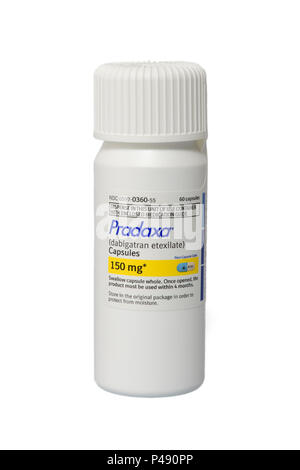 Medicina farmaco Pradaxa prescrizione anche noto come Dabigatran Etexilate un sangue anticoagulante più sottile realizzato da Boehringer Ingelheim Foto Stock