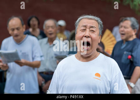 Coro amatoriale canta brani folk sabato mattina nel parco che circonda il Tempio del Cielo a Pechino, Cina Foto Stock