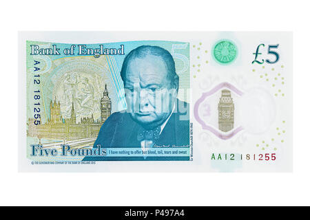 Nuovo 5 Pound nota mostra Winston Churchill, UK, tagliate Foto Stock