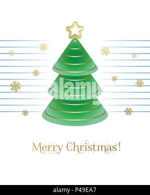 Buon Natale! Elegante biglietto di auguri con abstract albero di Natale e golden i fiocchi di neve. Illustrazione Vettoriale. Illustrazione Vettoriale