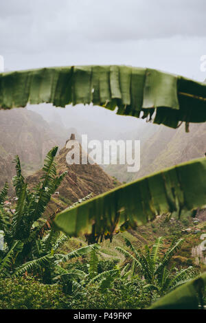 Picco di montagna di Xo-xo valley visibile attraverso le foglie di banano telaio giù per la valle. Uno dei miglior percorso di trekking sul Santo Antao isola, Capo Verde. Le nuvole Foto Stock