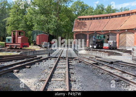 La piattaforma girevole al cantiere del treno della ferrovia a scartamento ridotto a Rille nel Pays de la Loire. Foto Stock