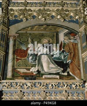SANTO TOMAS RECIBE EL CINGULO DE CASTIDAD - SIGLO XV. Autore: Pedro Berruguete (1450-1504). Posizione: Convento de Santo Tomas, AVILA, Spagna. Foto Stock