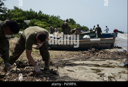 I membri del servizio da Giamaica e 17 nazioni partner pulire una spiaggia locale come parte di un sei-beach area costiera cleanup come parte di Tradewinds 2016 alla vecchia prigione di Lane spiaggia vicino a Kingston, Giamaica, 26 giugno 2016. Tradewinds comprenderanno sia terrestre e marittimo, fasi che migliorano ulteriormente le opportunità per i paesi partecipanti per migliorare la loro sicurezza e soccorso in caso di catastrofe assistenza. (U.S. Marine Corps foto di Cpl. Justin T. Updegraff/rilasciato) Foto Stock