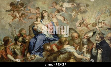 VIRGEN CON EL NIÑO ADORADA POR SANTOS Y ANGELES - siglo XVII - OLEO/LIENZO - 186,0 x 331,0 cm - BARROCO ESPAÑOL. Autore: Pedro Atanasio Bocanegra (1638-1689). Posizione: Museo delle Belle Arti, Granada, Spagna. Foto Stock