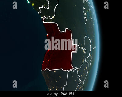 Mappa di Angola in rosso come visto dallo spazio sul pianeta terra di notte con linee di demarcazione bianco e luci della citta'. 3D'illustrazione. Gli elementi di questa immagine furni Foto Stock