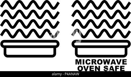 Microonde icona di contenitore. Semplici linee nere contenitore per alimenti di disegno con onde sinusoidali sopra. Simbolo grafico solo e anche nella versione con il testo. Illustrazione Vettoriale