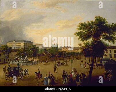 Vista della Fontana Cibeles e il Palazzo Buenavista in Madrid - 1836 - Olio su tela - 43x57 cm - I.N.6572. Autore: José María Avrial y Flores (1807-1891). Posizione: Museo de Historia-PINTURAS, Spagna. Noto anche come: VISTA DE LA FUENTE DE CIBELES Y EL PALACIO DE BUENAVISTA. Foto Stock