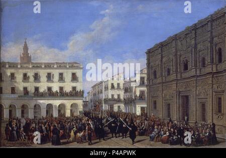 SEMANA SANTA EN SEVILLA - EL CRISTO DE LA PASION DESFILANDO POR LA PLAZA DE SAN FRANCISCO - siglo XIX - COSTUMBRISMO ESPAÑOL. Autore: Joaquín Domínguez Bécquer (1819-1879). Posizione: Museo de San Telmo, SAN SEBASTIAN, GUIPUZCOA, Spagna. Foto Stock