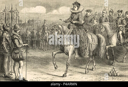 La regina Elizabeth I ispezione truppe a Tilbury, Essex, 8 Agosto 1588 Foto Stock
