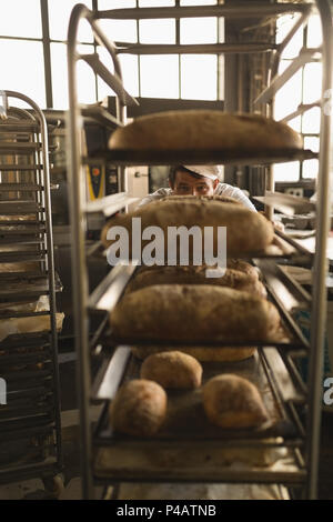 Il panettiere di sesso maschile che lavorano in baker shop Foto Stock