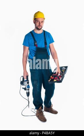 Tuttofare in piedi isolato su bianco in studio Foto Stock