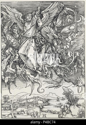 12. Albrecht Dürer, Apokalypsa, X. Sv. Michael bojující s drakem Národní galerie v Praze. Foto Stock