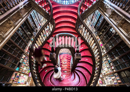 Curva scala in legno in biblioteca, Livraria Lello & Irmão bookstore, Porto, Portogallo, Europa Foto Stock