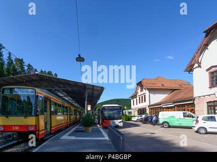 Bad Herrenalb, tram di "modello di Karlsruhe', tram-treno in stazione Bad Herrenalb, Foresta Nera, Baden-Wuerttemberg, Germania Foto Stock