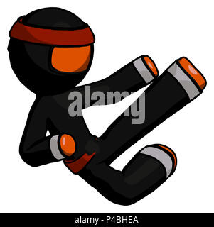 Orange guerriero ninja man flying ninja kick destro. Foto Stock