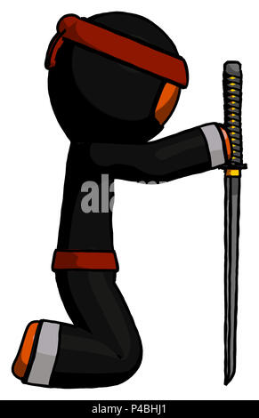 Orange guerriero ninja uomo inginocchiato con ninja spada katana che mostra il rispetto. Foto Stock