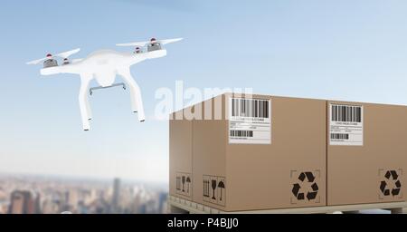 Drone battenti per città con consegna le cassette dei pacchi Foto Stock