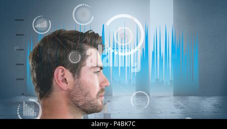 Immagine composita della vista laterale di uomo con grafici statistici e di immagini digitali Foto Stock