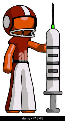 Orange giocatore di football man tenendo la siringa di grandi dimensioni. Foto Stock
