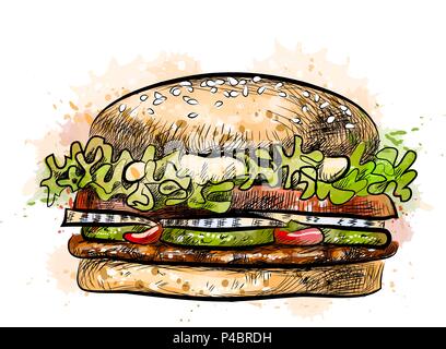 Burger da una spruzzata di acquerelli Illustrazione Vettoriale