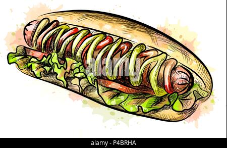 Hot Dog da una spruzzata di acquerelli Illustrazione Vettoriale