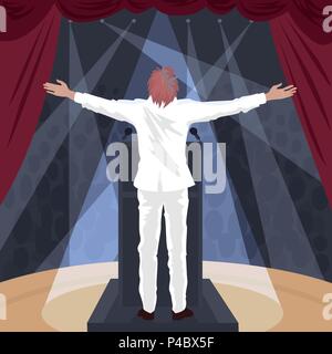L'artista, l'uomo in abito bianco in piedi sul palco del teatro con sollevato aprire le braccia aperte. Nella hall la folla di spettatori. Vista posteriore. Semplicistico realisti Illustrazione Vettoriale