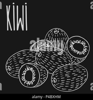 Isolare il ripe kiwi come il gesso sulla lavagna. Close up clipart in stile lavagna. Disegnata a mano icona Illustrazione Vettoriale