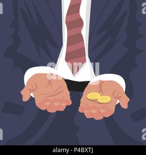 Close up di mani tese per mendicare con un po' di soldi monete. Uomo d'affari ha respinto o un dipendente licenziato dal concetto di lavoro. Semplificata carrello realistica Illustrazione Vettoriale