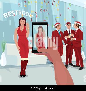 Mano di uomo in ufficio partito rende la foto della bella ragazza in abito rosso sullo smartphone. I dipendenti festeggiare il nuovo anno. Concetto aziendale. Reale semplificato Illustrazione Vettoriale