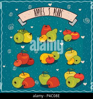 Set di clip colorata arte dei gruppi di frutta, le mele e le pere di diverse dimensioni, forme e colori. Disegnata in stile fumetto. Scritte su nastro Illustrazione Vettoriale