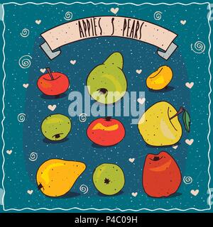 Set di clip colorata arte di frutti, le mele e le pere di diverse dimensioni, forme e colori. Disegnata in stile fumetto. Scritte su nastro Illustrazione Vettoriale