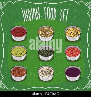 Insieme di diversi colorati Salse per condimento come il chutney, piatti tradizionali della cucina indiana, parte di piatto Thali. Disegnata a mano in stile fumetto Illustrazione Vettoriale