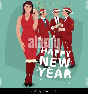 Donna in abito rosso e di moda gli uomini in rosso abiti e cappelli di Babbo Natale, festeggiare il Capodanno. Festa di Natale del concetto. Semplificata fumetto realistico arte st Illustrazione Vettoriale