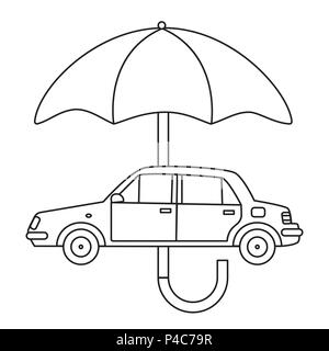 L'auto sotto l'ombrello è dipinta in stile di linea tecnica. Il concetto di sicurezza, assicurazione, ecc. Illustrazione Vettoriale