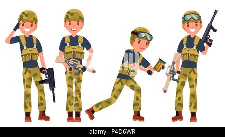 Soldato vettore maschio. Con la pistola. Silhouette. Tiratore. Il camuffamento uniforme. La guerra. Piatto isolato personaggio dei fumetti illustrazione Illustrazione Vettoriale