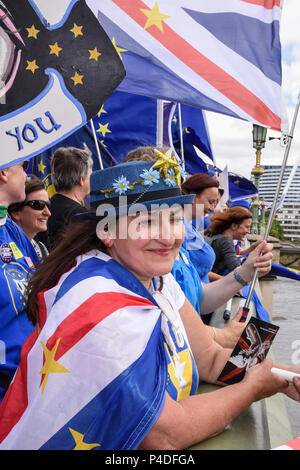 Pro-UE sostenitori radunati sul Westminster Bridge per dimostrare come la MPs ha discusso gli emendamenti al ritiro Bill,London.UK 20.06.2018 Foto Stock