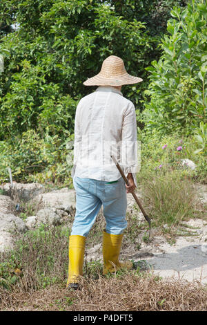 L'agricoltore in Asia terra di pulizia sotto il sole caldo. Foto Stock