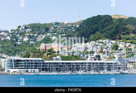 Barche ormeggiate a Clyde Quay Wharf all'interno del porto di Wellington con il Monte Victoria in background. Foto Stock