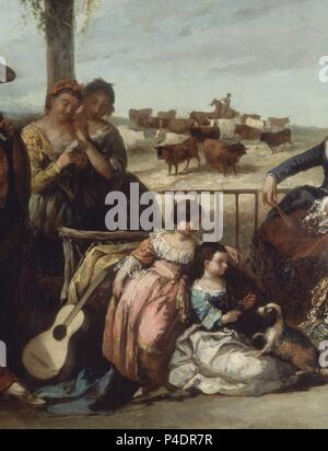 FIESTA EN LA MUÑOZA - 1852-53 OLEO LIENZO 145x225cm - DETALLE NIÑOS Y TOROS. Autore: Eugenio Lucas Velazquez (1817-1870). Posizione: Museo Nacional de Bellas Artes di LA HABANA, CUBA. Foto Stock