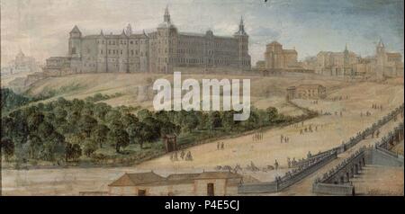 VISTA ALCAZAR MADRID - I.N. 31 32 - 0,50x1,08 - HACIA 1650 - SIGLO XVII. Autore: Félix Castello (1595-1651). Posizione: Museo de Historia-PINTURAS, Spagna. Foto Stock