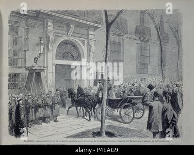 RECONOCIMIENTO DE LA REPUBLICA ESPAÑOLA POR EL GOBIERNO DE LOS ESTADOS UNIDOS: LLEGADA DEL EMBAJADOR AL PALACIO DE LA PRESIDENCIA - SIGLO XIX. Posizione: SENADO-BIBLIOTECA-COLECCION, MADRID, Spagna. Foto Stock