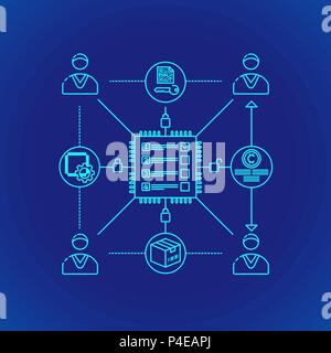 Vettore contorno ciano blockchain design smart protocollo contratto principio spiegare schema icona illustrazione isolato sfondo blu Illustrazione Vettoriale