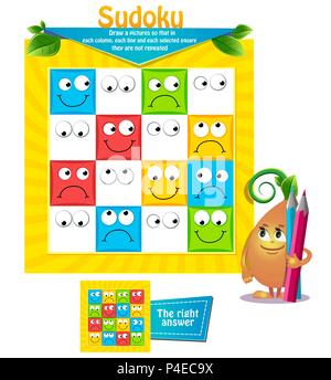 Gioco di Sudoku per bambini con le foto. Attività per bambini foglio. Disegnare una foto.Training logica, gioco educativo Illustrazione Vettoriale