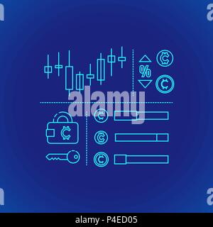 Vettore contorno ciano design cryptocurrency blockchain exchange trading principio spiegare schema icona illustrazione isolato sfondo blu Illustrazione Vettoriale